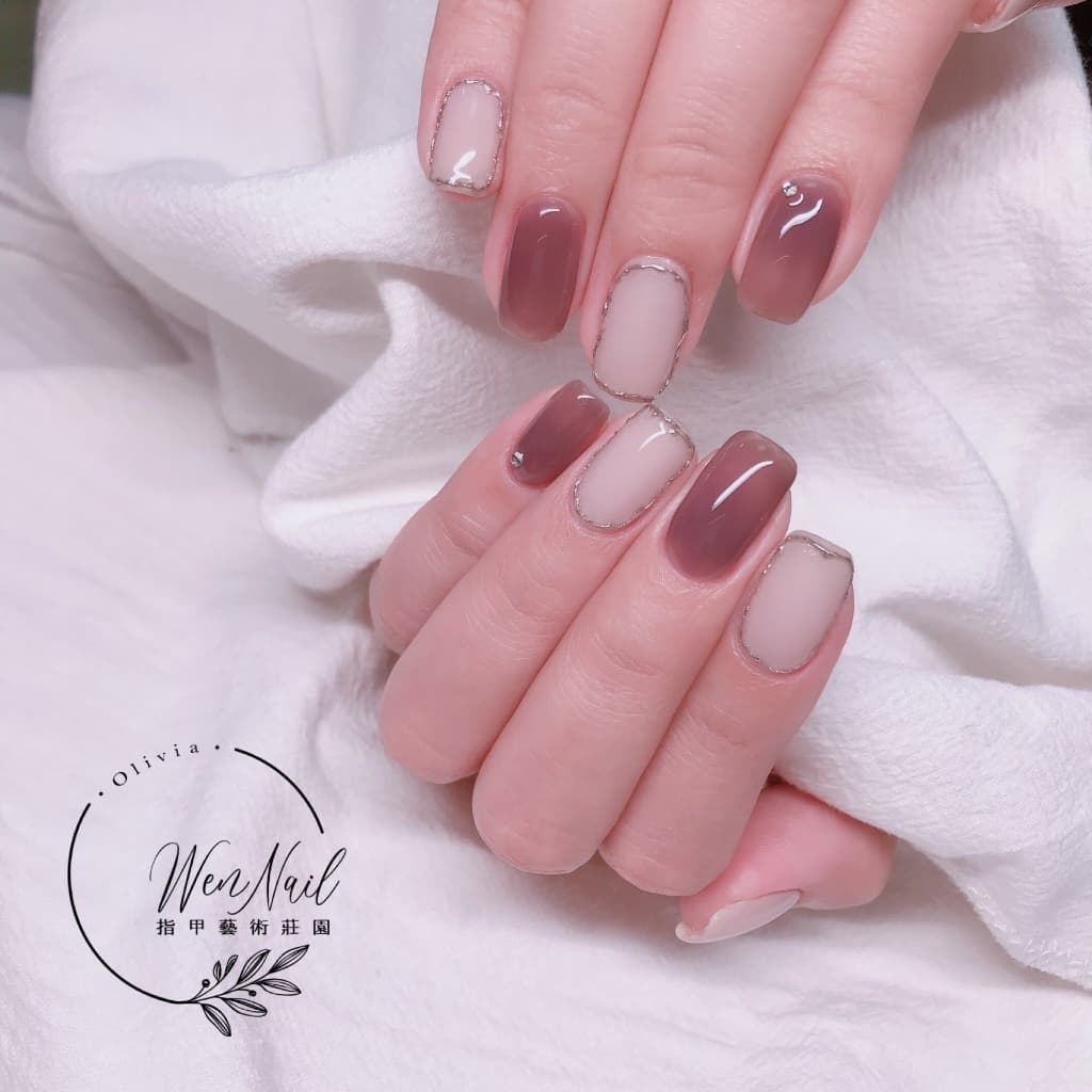 台南永康美甲推薦-玫瑰豆沙 × 銀絲法式